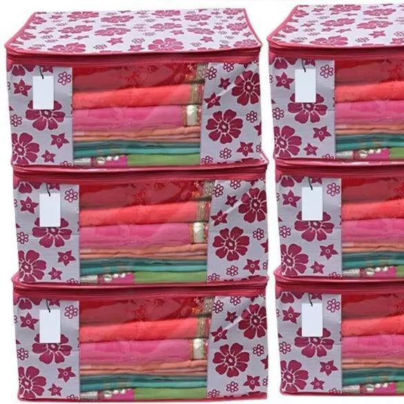 Polka Pink Flower Design Pack Of 6 Non Woven Fabric Saree Cover/ Clothes Small Travel Bag