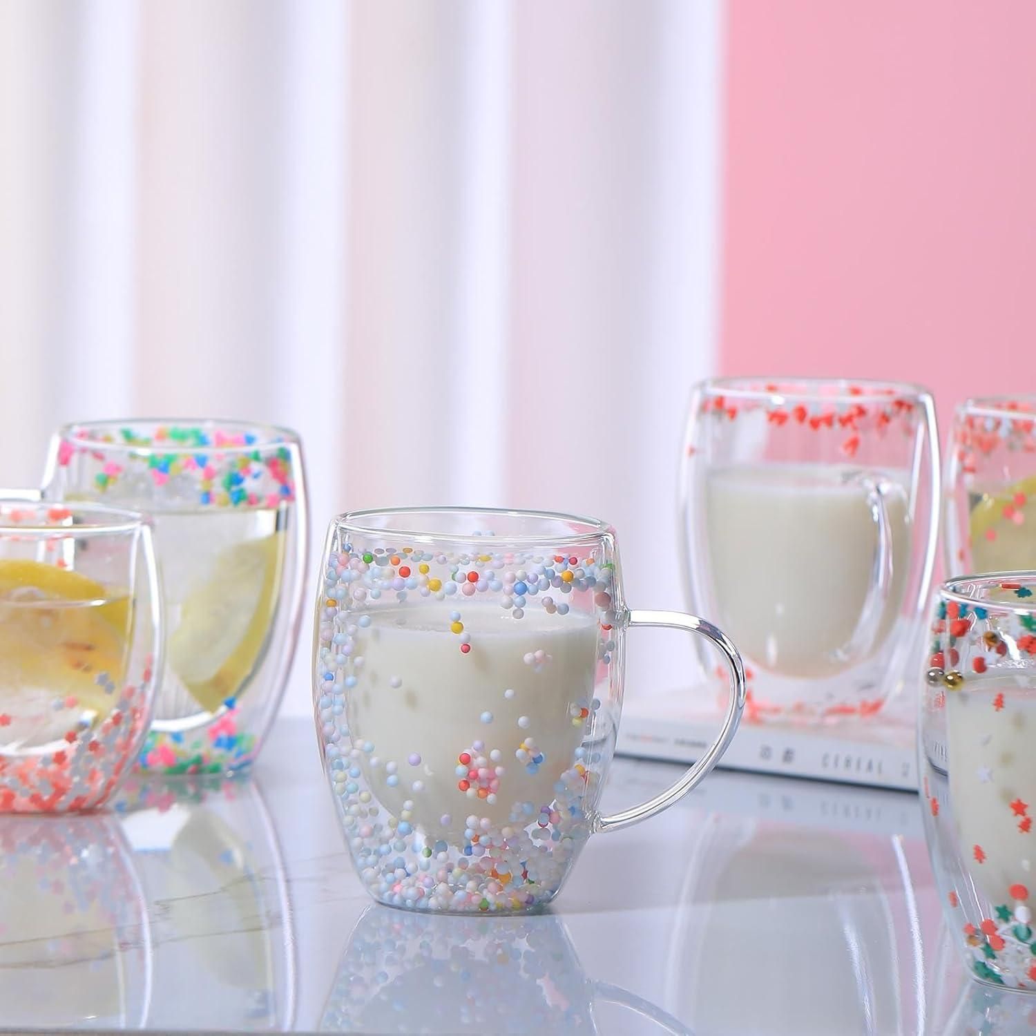 Double Walled Glass Mugs, 350ml Double Walled Star Coffee Mug, Insulated Floral Glass Mug